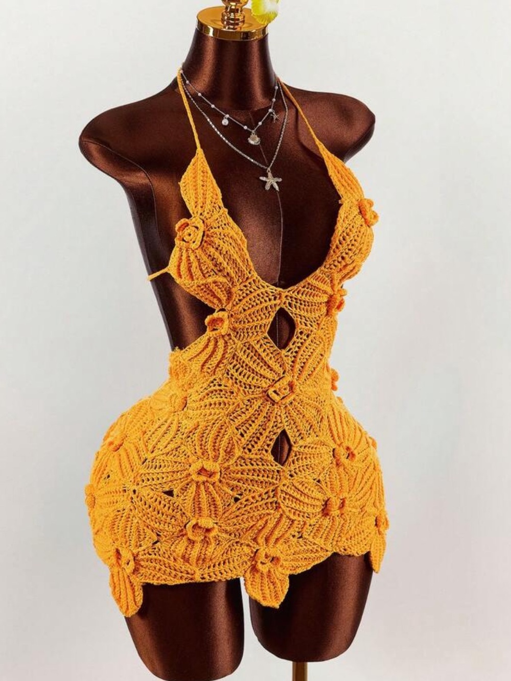 Floral Crochet Mini Halter Dress in Bright Orange Small new in packaging - Picture 4 of 10